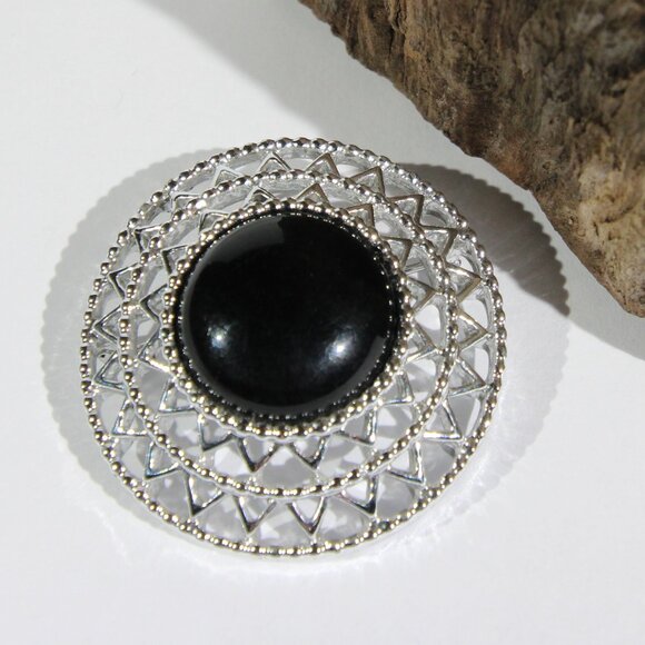 Vintage Sarah Coventry Silver Tone Faux Black Onyx Cabochon Brooch - Picture 3 of 6